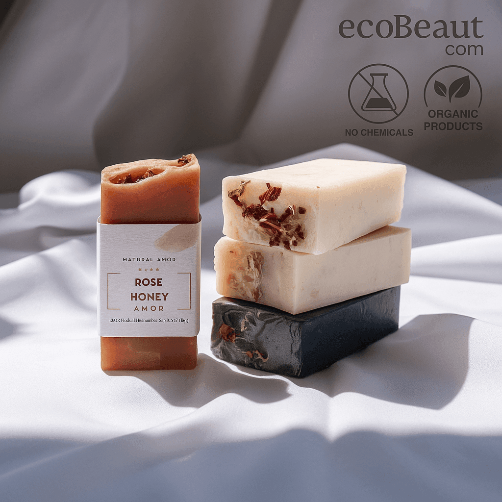 Set of four artisanal soaps by ecobeaut.com on soft white fabric, with “NO CHEMICALS” and “ORGANIC PRODUCTS” icons in the top right corner.
