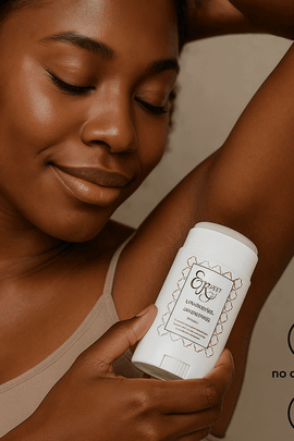 Smiling African American woman applying Elegant Rose Lemongrass Deodorant – clean beauty routine, ecobeaut.com, organic products, no chemicals