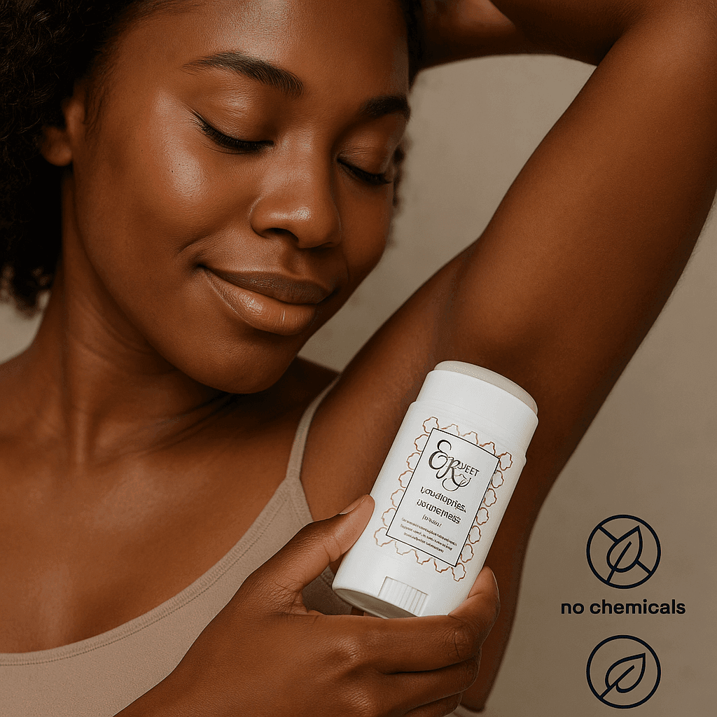 Smiling African American woman applying Elegant Rose Lemongrass Deodorant – clean beauty routine, ecobeaut.com, organic products, no chemicals
