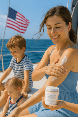 Smiling mother on yacht applying Butter Me Up Organics sunscreen while children play nearby, American flag waving in background, eco-friendly organic sun care for family protection at sea, EcoBeaut.com