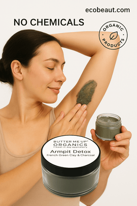 Smiling woman applying Armpit Detox underarm mask with her fingers while holding the jar; eco labels and ecobeaut.com appear in the top right corner.