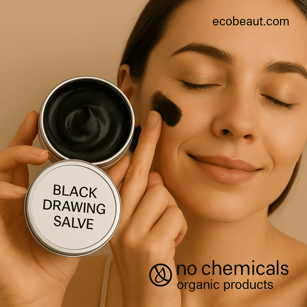 Smiling woman applying Black Drawing Salve to her cheek with her finger, holding an open tin of the product. The label reads “Black Drawing Salve,” with “ecobeaut.com” in the top right and markings “no chemicals” and “organic products” at the bottom.