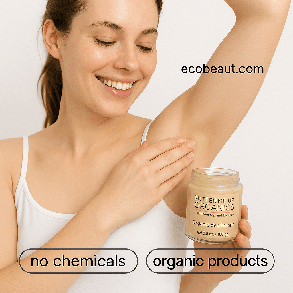 Smiling woman applying Butter Me Up Organics deodorant underarm with “no chemicals,” “organic products” labels below and ecobeaut.com in the top right corner.