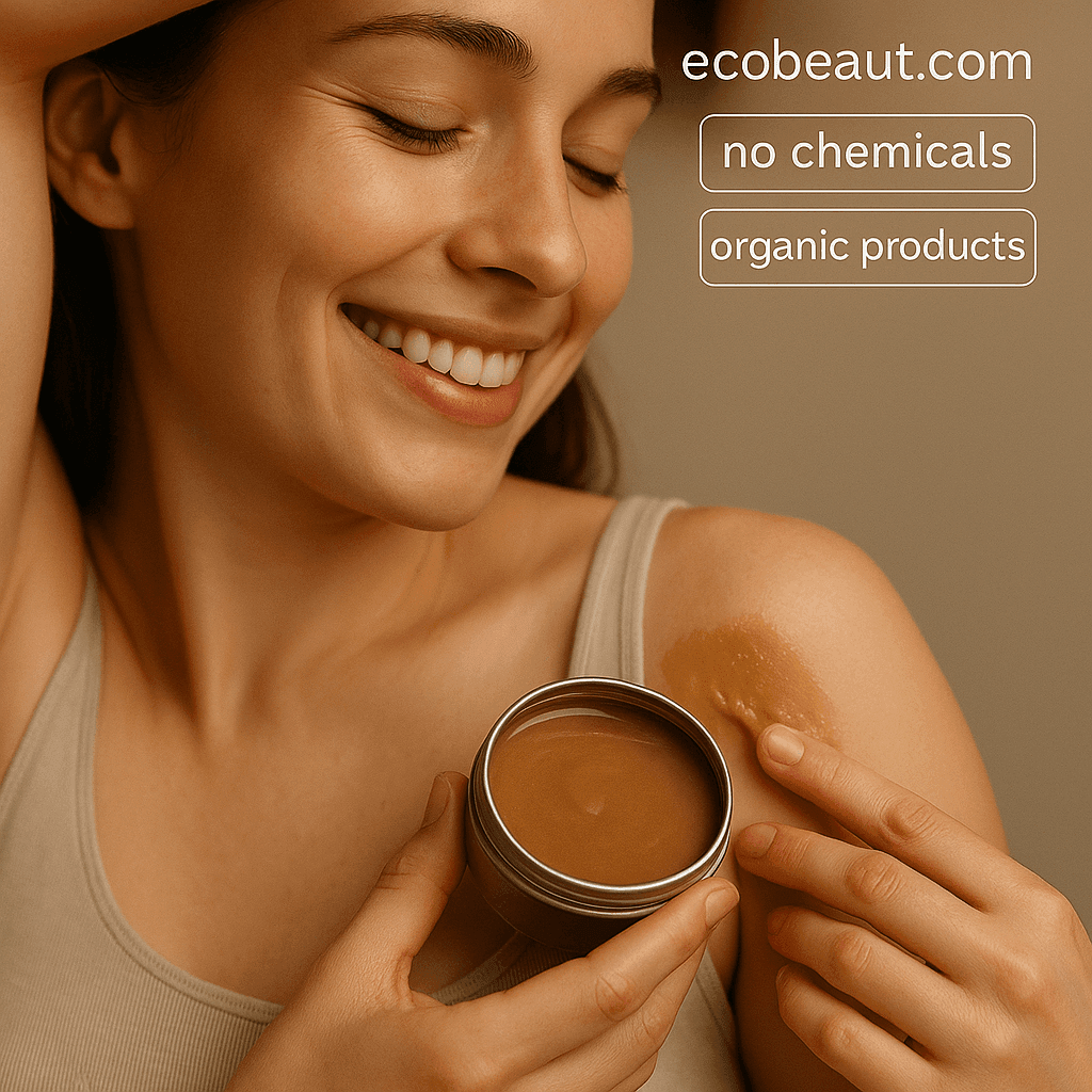 Smiling woman applying organic balm to her shoulder with fingers, holding a silver tin, with “no chemicals,” “organic products,” and ecobeaut.com in the top right corner.