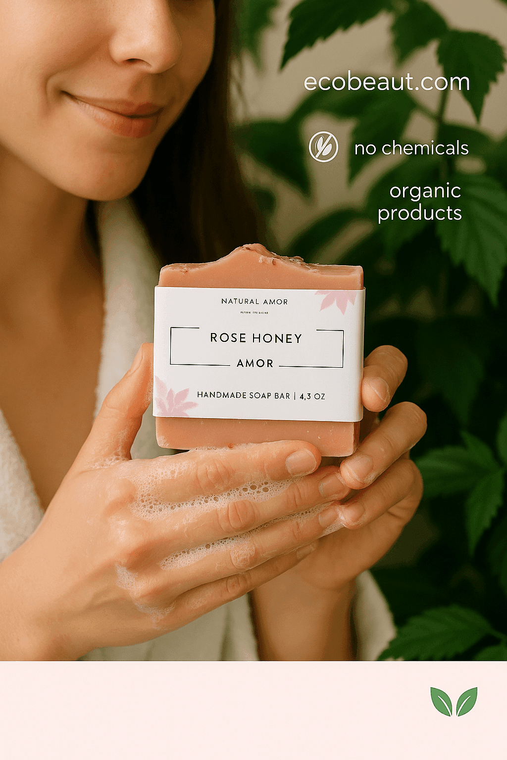 Smiling woman washing with Rose Honey Amor handmade soap, with gentle foam and green leaves in the background, featuring ecobeaut.com and “NO CHEMICALS” / “ORGANIC PRODUCTS” icons in the upper right corner.