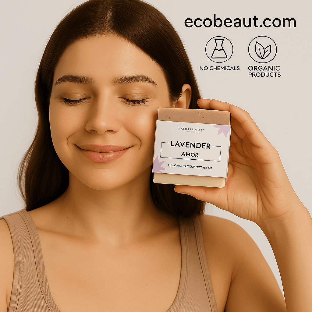 Smiling woman with smooth fair skin and brown hair holding a Lavender Amor soap bar next to her cheek, with ecobeaut.com, “NO CHEMICALS,” and “ORGANIC PRODUCTS” icons clearly displayed in the top right corner.