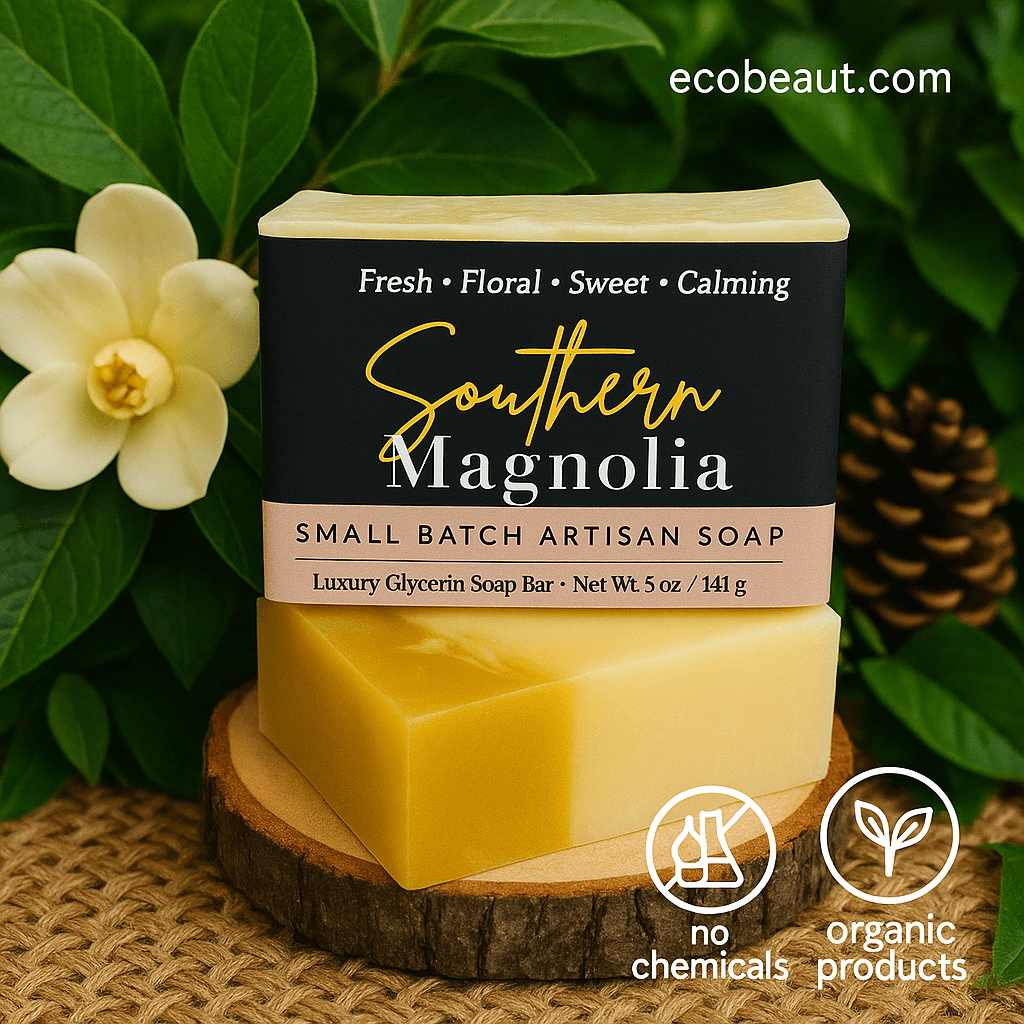 Southern Magnolia artisan soap by ecobeaut.com placed on a wooden slice, surrounded by lush green leaves, magnolia flower, and eco-labels “no chemicals” and “organic products” in the upper right corner.
