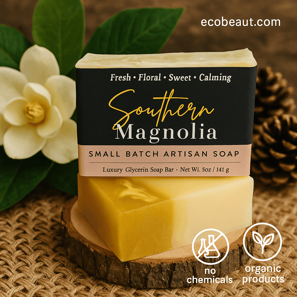 Southern Magnolia small batch artisan soap by ecobeaut.com displayed on a rustic wooden slice with magnolia flowers and eco-labels “no chemicals” and “organic products” in the upper right corner.