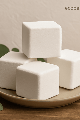 Stacked white eucalyptus shower steamers on a ceramic plate with eucalyptus leaves, styled on a wooden surface, ecobeaut.com