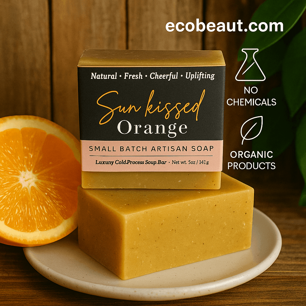 Sun kissed Orange artisan soap bar by ecobeaut.com on a ceramic plate with a sliced orange and green leaves, featuring “NO CHEMICALS” and “ORGANIC PRODUCTS” icons in the upper right corner.