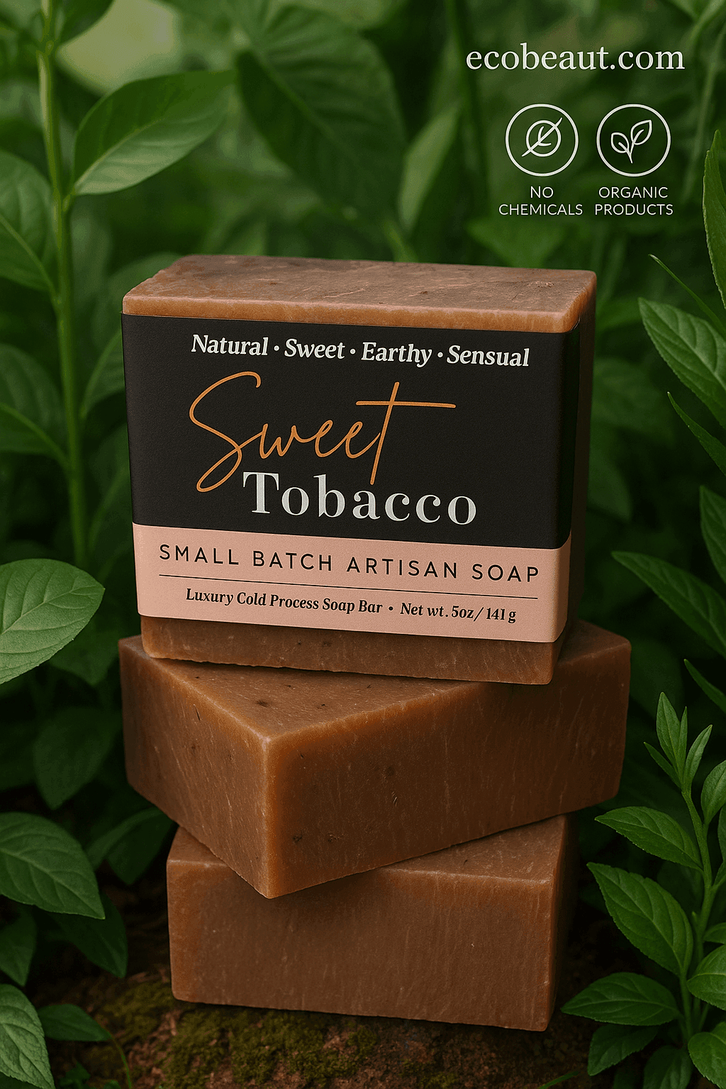 Sweet Tobacco artisan soap bar by ecobeaut.com surrounded by lush green plants, with “NO CHEMICALS” and “ORGANIC PRODUCTS” icons in the upper right corner.