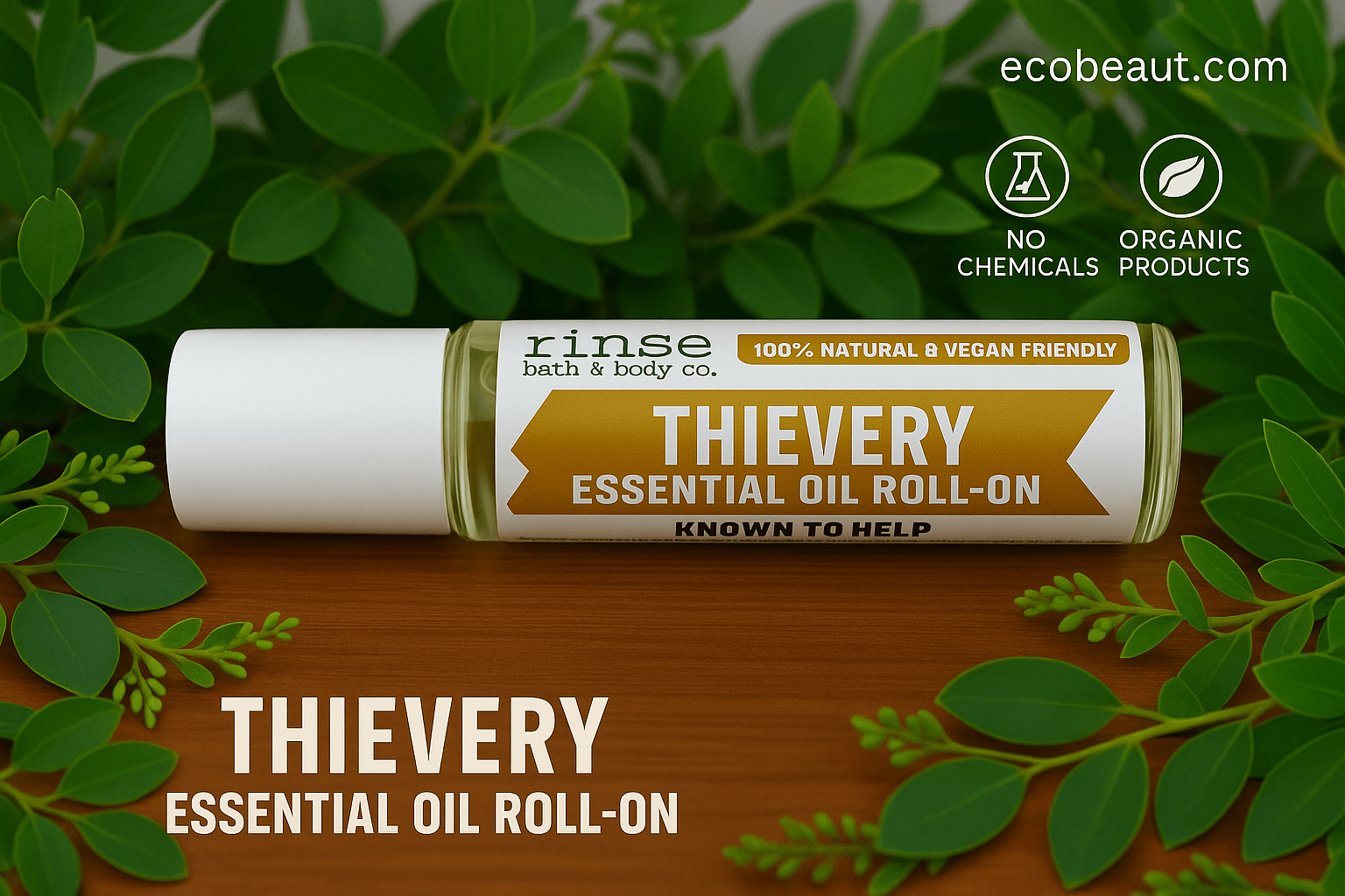 Thievery Essential Oil Roll-On by Rinse Bath & Body Co. on a wooden surface, surrounded by lush green leaves, with “ecobeaut.com,” “NO CHEMICALS,” and “ORGANIC PRODUCTS” labels in the corner.