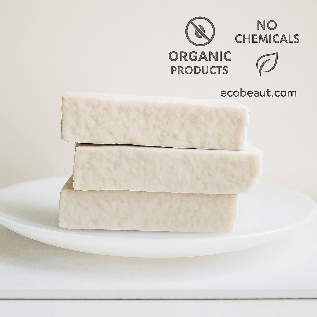 Three handcrafted off-white soap bars stacked on a white plate with “NO CHEMICALS,” “ORGANIC PRODUCTS” icons and ecobeaut.com in the top right corner.