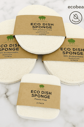 Three oval Eco Dish Sponges made from plant loofah – biodegradable, zero waste, organic kitchen sponges on marble