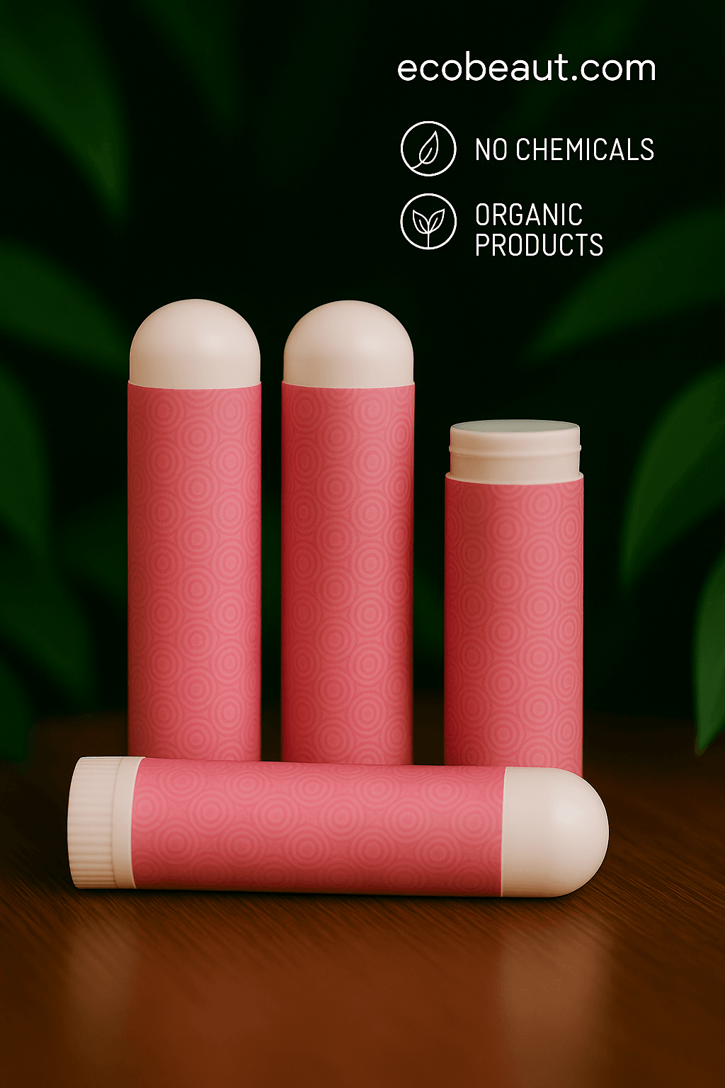 Three pink aromatherapy inhalers with white caps on a wooden surface, minimal greenery in the background, and “ecobeaut.com,” “NO CHEMICALS,” and “ORGANIC PRODUCTS” icons in the upper right corner.
