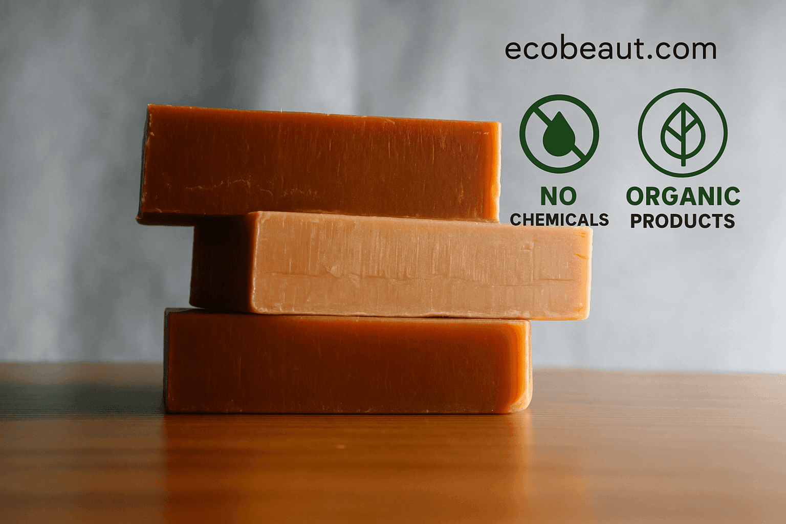 Three stacked rectangular bars of handcrafted soap in earthy tones on a wooden surface, with “NO CHEMICALS,” “ORGANIC PRODUCTS” icons and the website “ecobeaut.com” displayed in the upper right corner against a soft gray background.