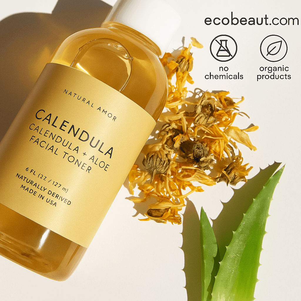 Toner bottle standing upright on beige background with ecobeaut.com and organic labels in top right.