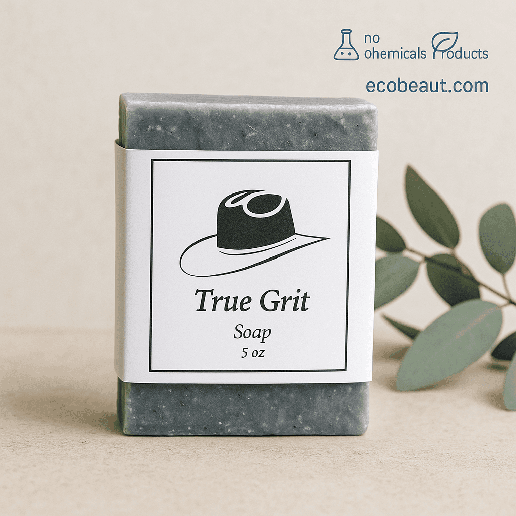 True Grit organic charcoal soap bar with minimalist cowboy label – no chemicals, natural grooming from ecobeaut.com