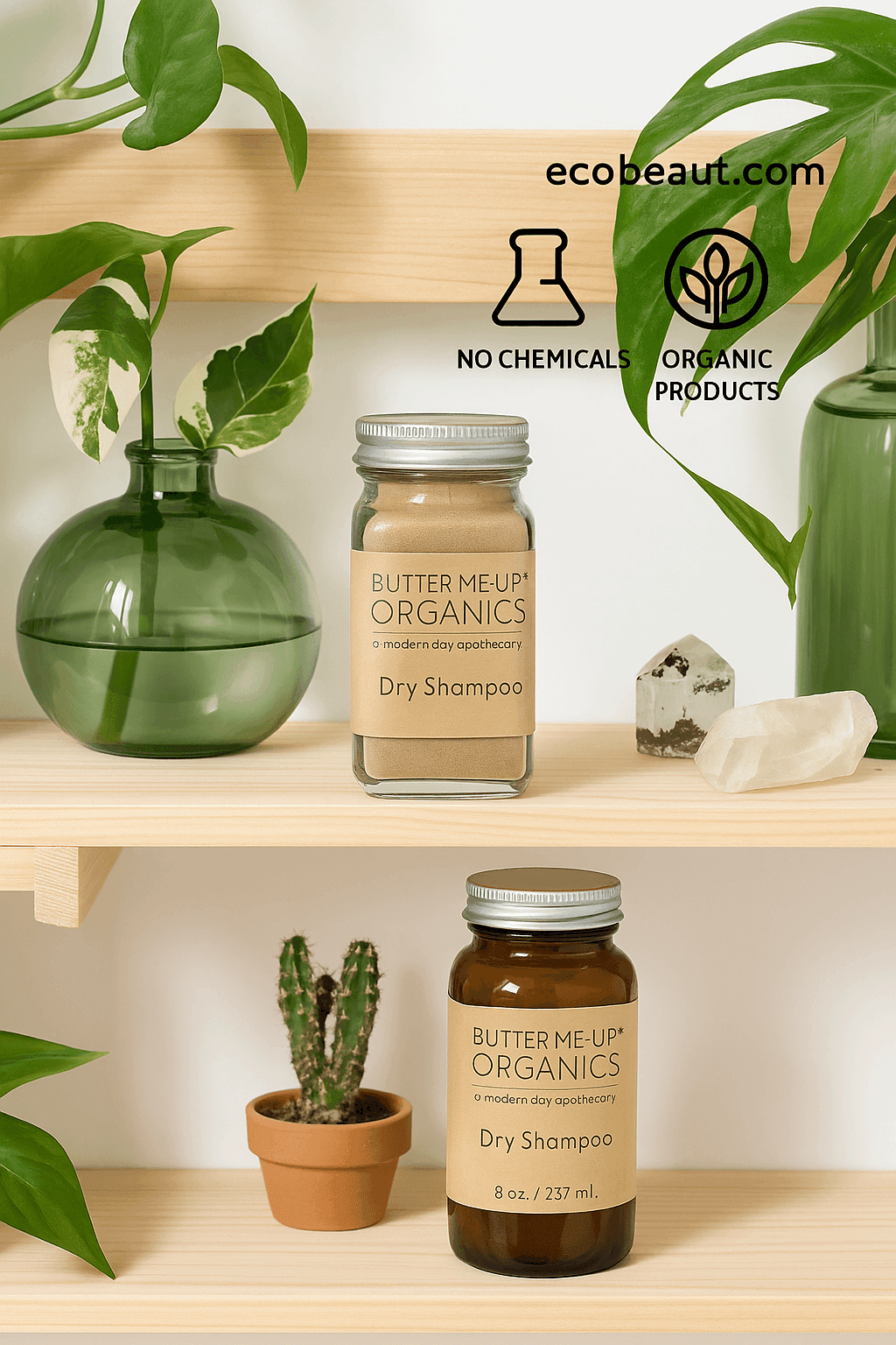 Two Butter Me Up Organics Dry Shampoo jars displayed on a two-tier wooden shelf with ecobeaut.com, No Chemicals, Organic Products labels.