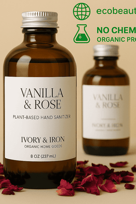 Two amber glass bottles of Vanilla & Rose plant-based hand sanitizer by Ivory & Iron on a beige background with rose petals. Organic, chemical-free formula labeled ecobeaut.com.