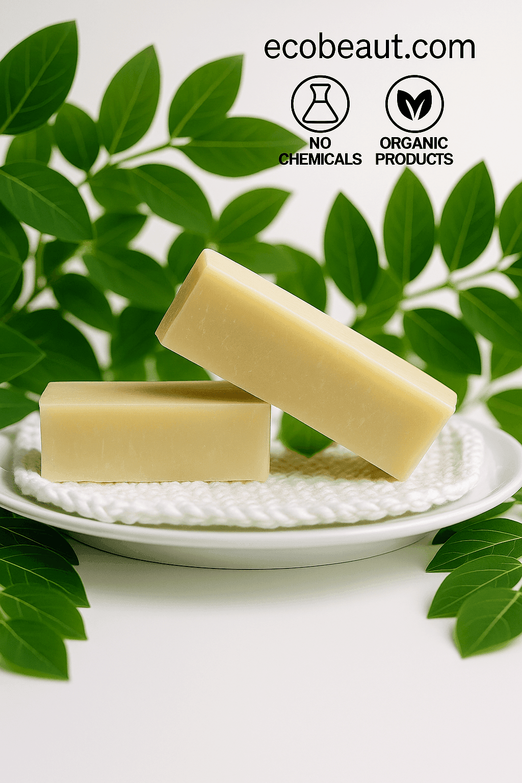 Two rectangular yellow soap bars placed on a white crocheted cloth on a round ceramic plate, surrounded by green leaves. The image includes the ecobeaut.com logo and icons for "NO CHEMICALS" and "ORGANIC PRODUCTS" in the upper right corner.
