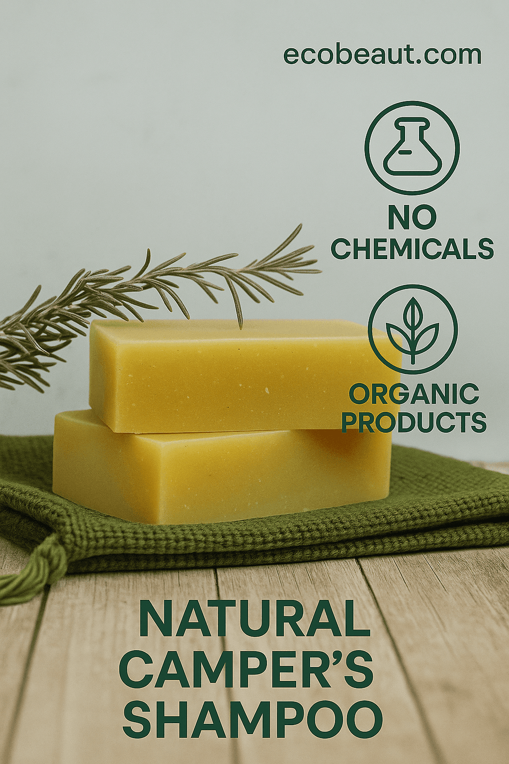 Two stacked Natural Camper’s Shampoo bars on a green towel with rosemary sprig, wooden surface below, and eco-friendly icons above reading 'no chemicals' and 'organic products' with ecobeaut.com in the corner.