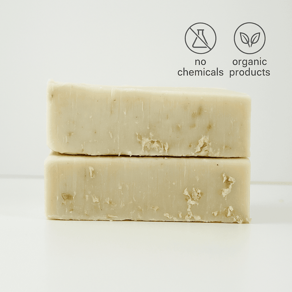 Two stacked bars of natural oatmeal and honey facial soap with zeolite clay on a clean white background – ecobeaut.com, no chemicals, organic products