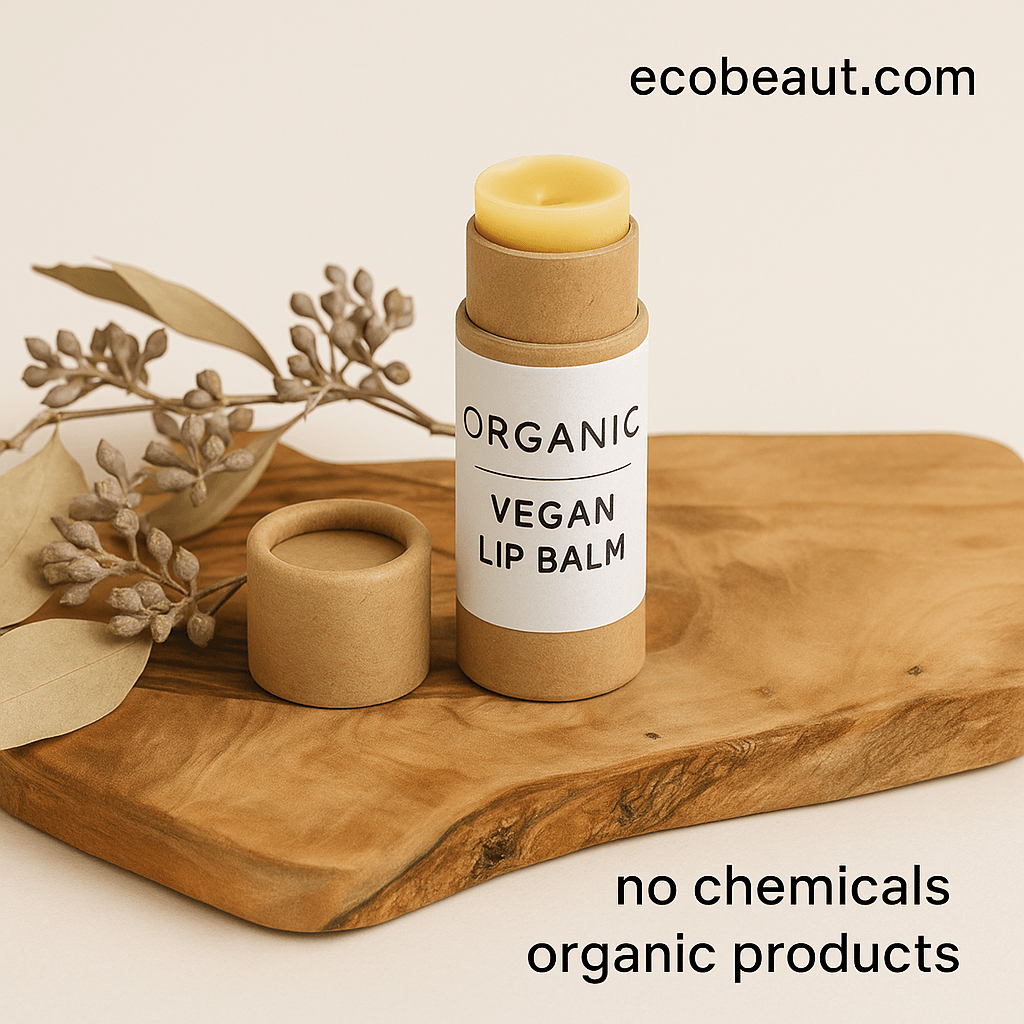 Vegan lip balm in kraft tube displayed on light neutral background with ecobeaut.com in the top right corner and product labels “no chemicals” and “organic products” placed below.