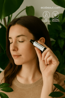 "Woman applying Anxiety Oil to her temple, surrounded by green plants, with eco labels and ecobeaut.com branding in the top right corner."