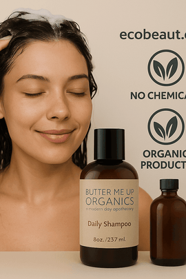 Woman applying Butter Me Up Organics Daily Shampoo with ecobeaut.com, No Chemicals, Organic Products labels in the top right corner.
