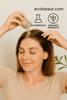 Woman applying Butter Me Up Organics Dry Shampoo with ecobeaut.com, No Chemicals, Organic Products labels in the top right corner.