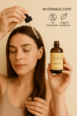 Woman applying Butter Me Up Organics Hair Oil to her scalp with a dropper, eco labels and ecobeaut.com visible above.