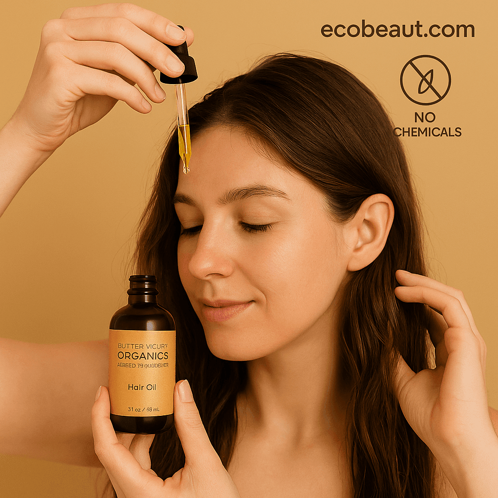 Woman applying Butter Me Up Organics Hair Oil with dropper, smiling softly, with ecobeaut.com and organic icons in the top right.