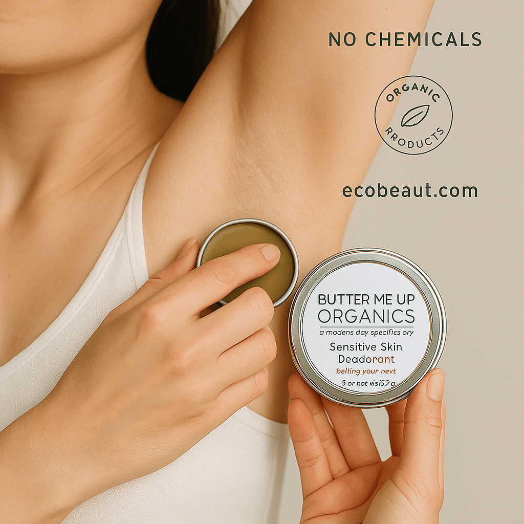 Woman applying Butter Me Up Organics deodorant under her arm, holding the tin with visible eco-friendly labels and ecobeaut.com text.