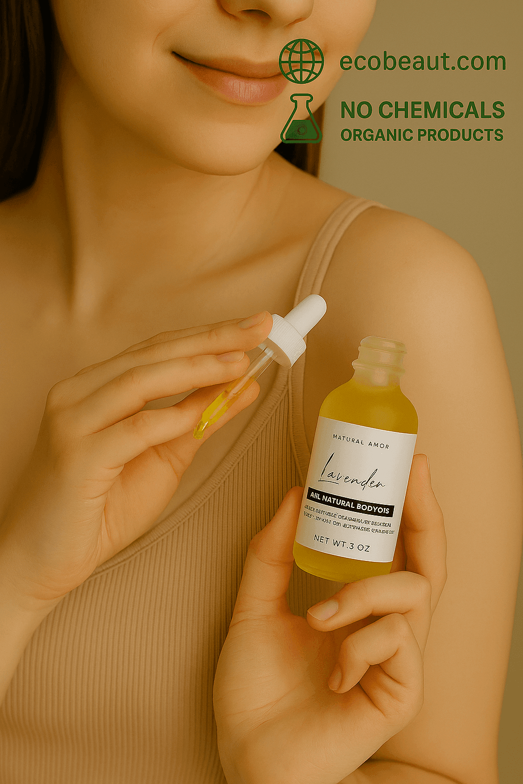 Woman applying Natural Amor Lavender Body Oil with a dropper to her shoulder. Eco-friendly and organic skincare, labeled no chemicals, from ecobeaut.com.