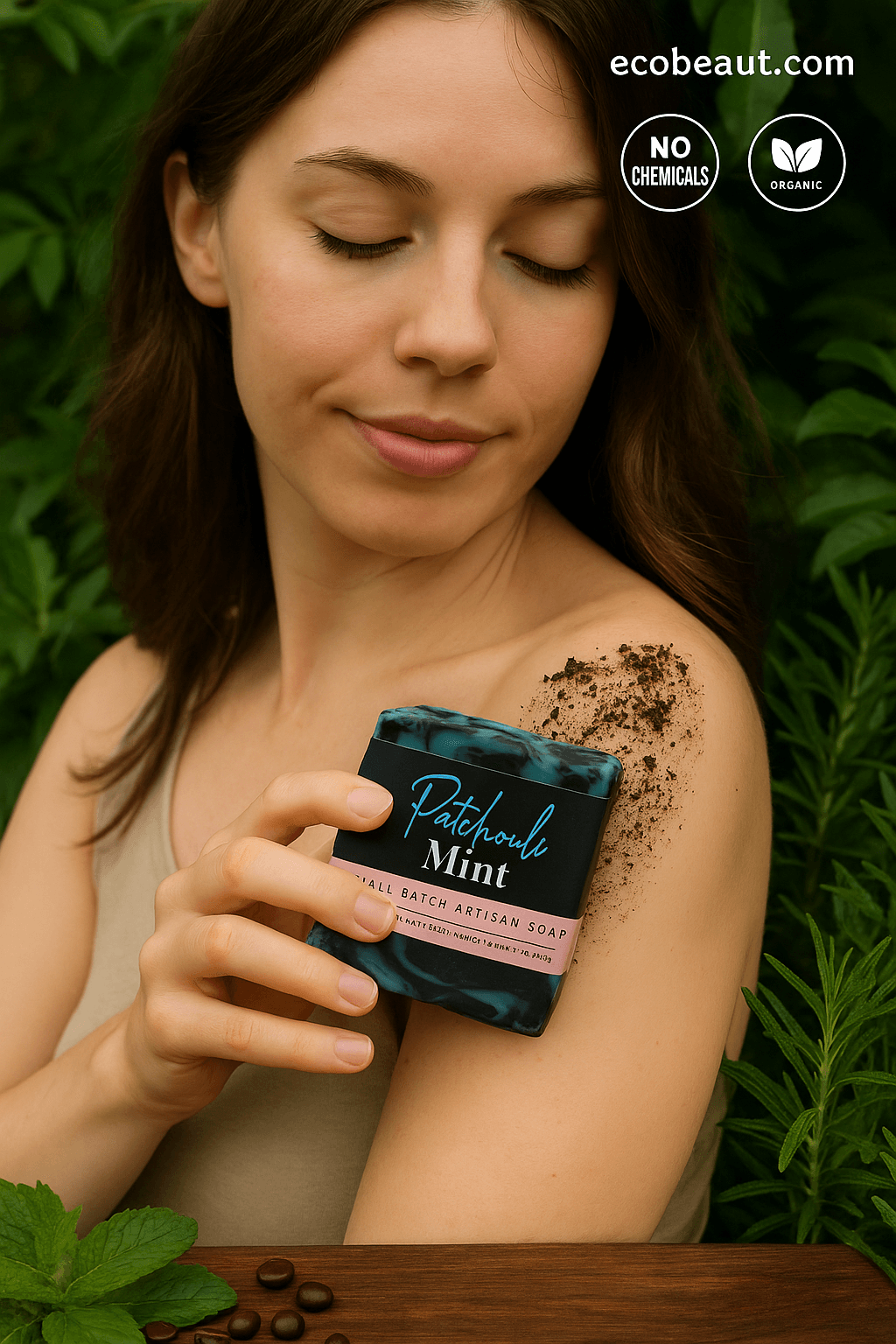 Woman applying Patchouli Mint soap to her shoulder, surrounded by green leaves, with “ecobeaut.com” and eco-friendly icons in the top right corner.