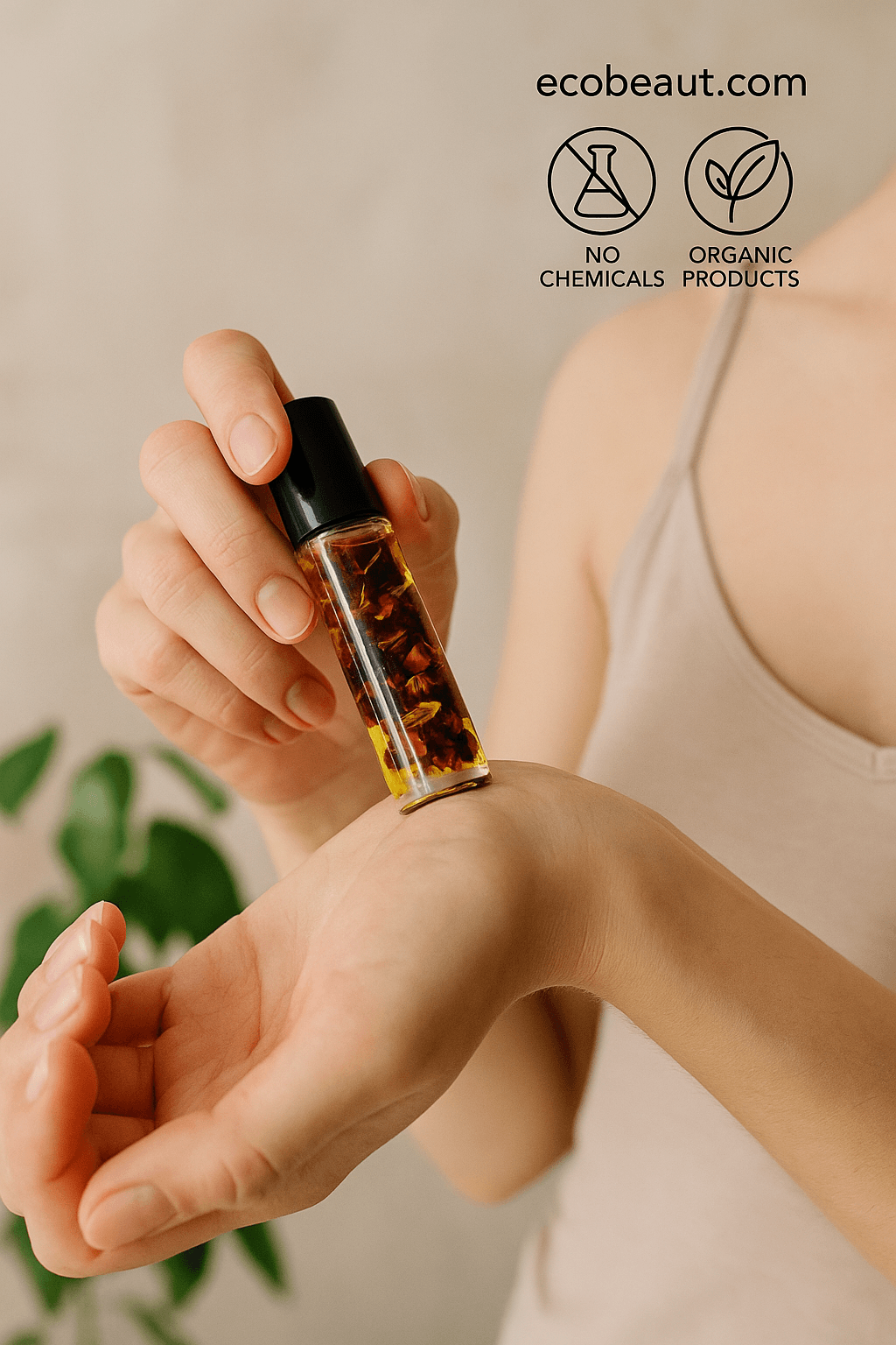 "Woman applying botanical roll-on oil to wrist, holding glass bottle with dried petals, with eco labels and ecobeaut.com branding in the top right corner."