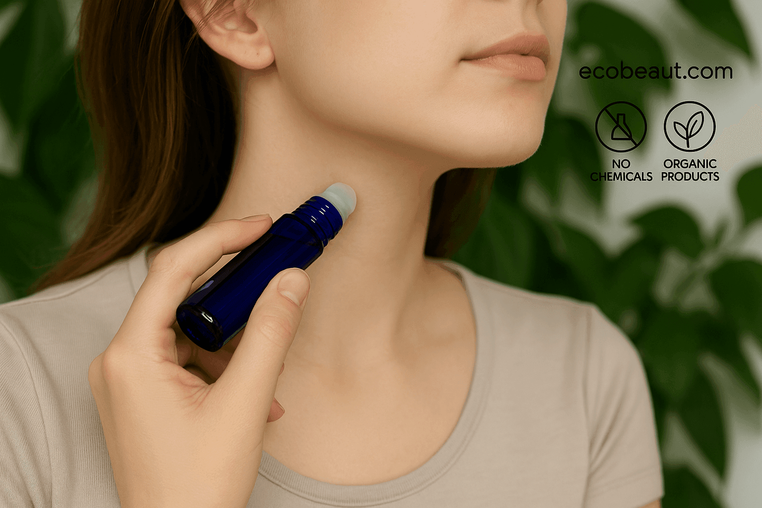 "Woman applying custom perfume oil from a cobalt blue roll-on bottle to her neck, with green leaves, black eco labels, and ecobeaut.com branding in the top right corner."
