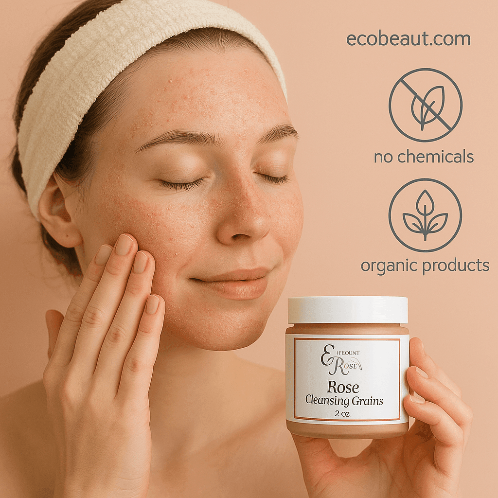 Woman applying natural rose cleansing grains to her face, holding the product jar, with "ecobeaut.com," "no chemicals," and "organic products" icons in the top right.