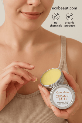 Woman applying organic Dream Balm to chest – soothing natural skincare with no chemicals, featured by ecobeaut.com