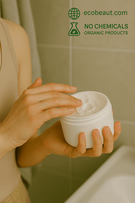 Woman applying organic cream from a white jar onto her hands in a cozy bathroom setting. Eco-friendly skincare labeled no chemicals and organic, from ecobeaut.com.