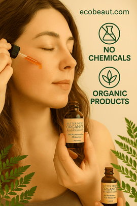 Woman applying organic sea buckthorn serum from Butter Me Up Organics to her face, highlighting ecobeaut.com, no chemicals and organic products labels