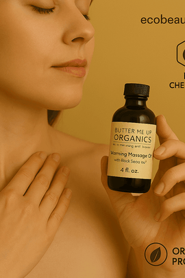 Woman applying organic warming massage oil with black seed oil – Butter Me Up Organics – no chemicals – ecobeaut.com