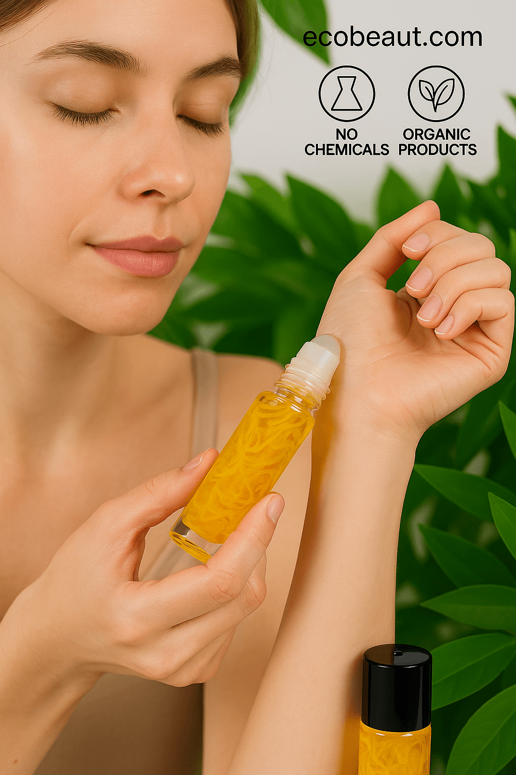 "Woman applying yellow botanical roll-on oil to wrist, surrounded by green leaves with eco labels and ecobeaut.com branding in the top right corner."