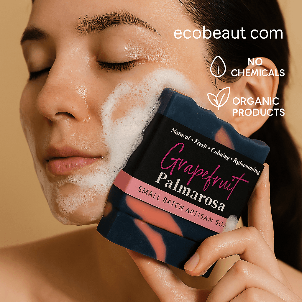Woman cleansing her face with Grapefruit Palmarosa artisan soap, showing rich lather, with ecobeaut.com, “NO CHEMICALS,” and “ORGANIC PRODUCTS” icons clearly visible in the top right corner.