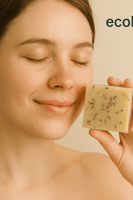 Woman enjoying lavender tea bar with natural elements and ecobeaut.com, No Chemicals, Organic Products labels.