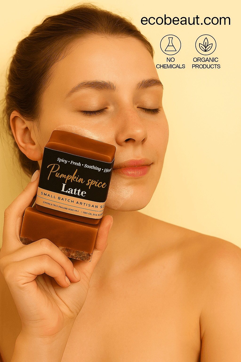 Woman gently cleansing her face with Pumpkin Spice Latte artisan soap from ecobeaut.com, featuring “NO CHEMICALS” and “ORGANIC PRODUCTS” icons in the top right corner.