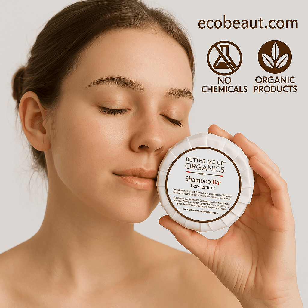 Woman gently holding Butter Me Up Organics Peppermint Shampoo Bar with ecobeaut.com, No Chemicals, Organic Products labels in the top right corner.