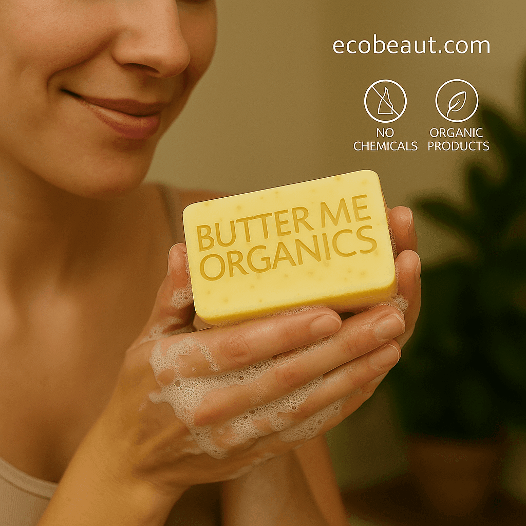 Woman gently washing hands with Butter Me Organics soap from ecobeaut.com, smiling softly, with “NO CHEMICALS” and “ORGANIC PRODUCTS” icons in the top right corner.