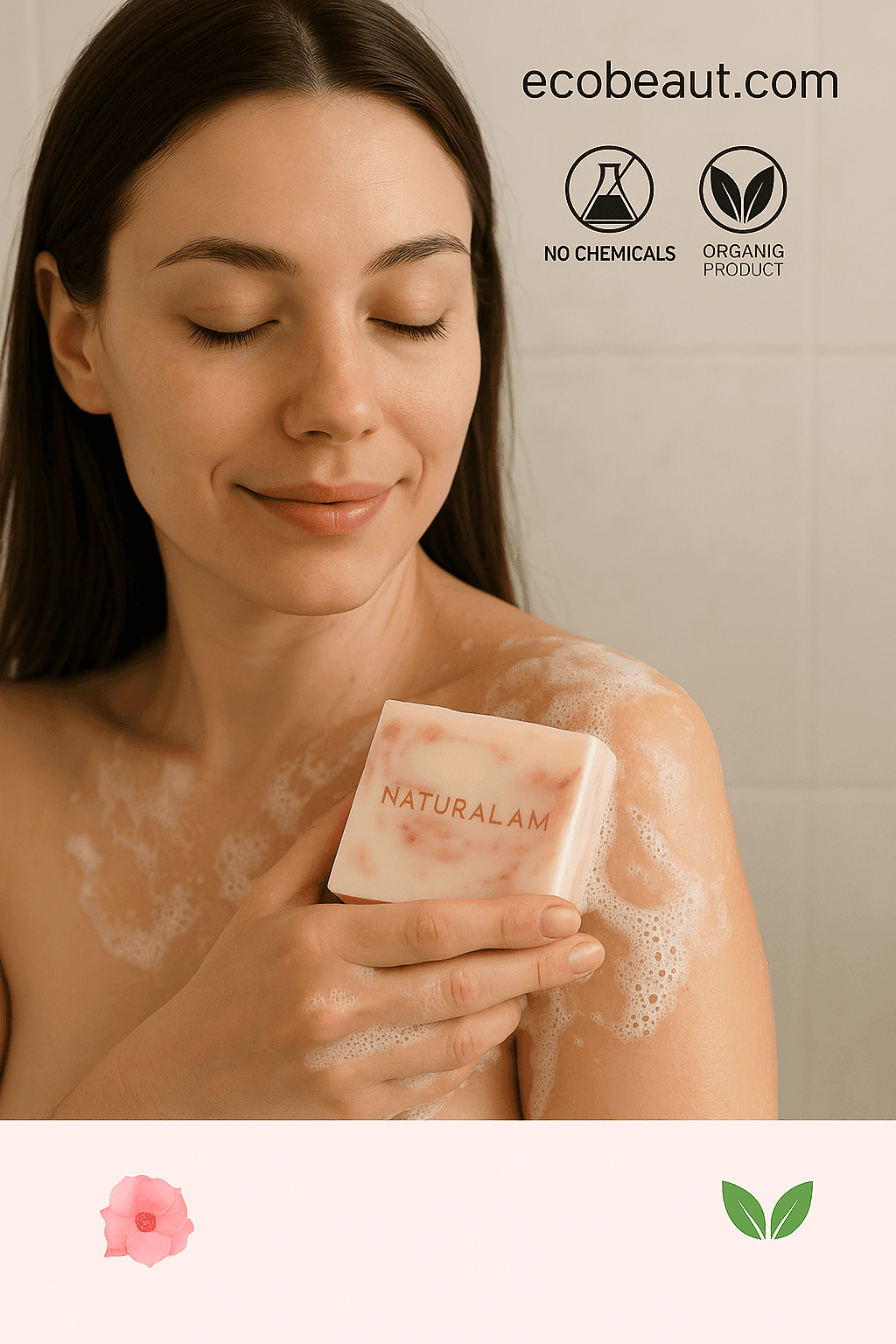 Woman gently washing her shoulder with Rose Blossom handmade soap, showing soft foam and natural use, with ecobeaut.com and “NO CHEMICALS” / “ORGANIC PRODUCT” icons in the upper right corner.